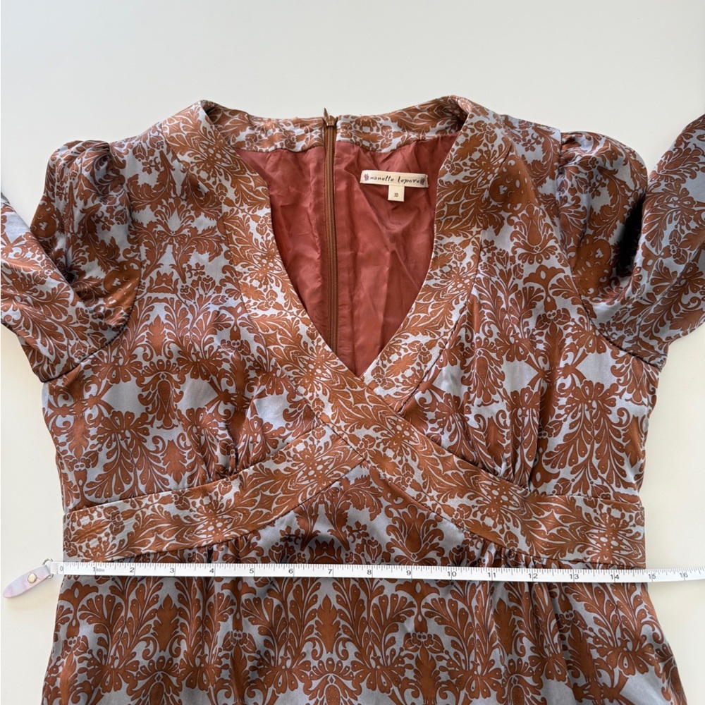 Nanette Lepore Capriccio Dress-100% silk- Ruffle-Blue-Brown- Y2K-Dance-Size 10 - Picture 14 of 15